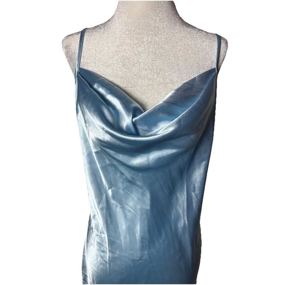 Bebe Satin Slip Dress Blue Cowl Neck Midi Spaghetti Strap Size Medium Party - Picture 3 of 9